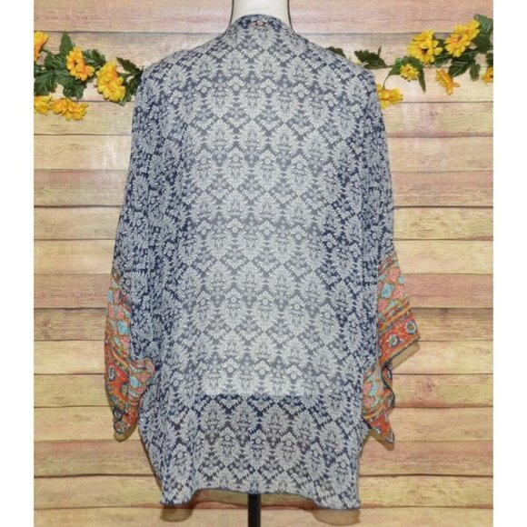 Renee C Top Women's M Blue Mixed Print Open Front Cardigan Boho Hipster Sheer - Picture 7 of 11